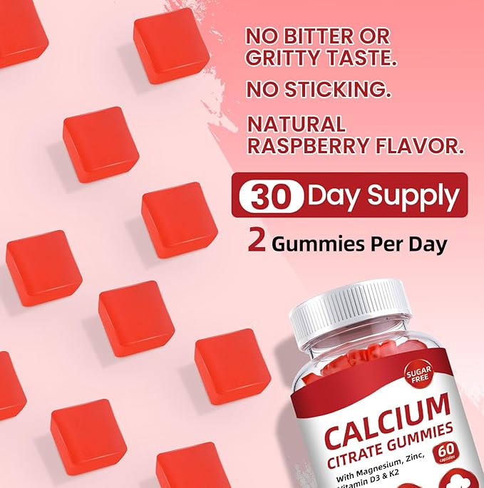 Calcium Citrate 1200mg Gummies with Vitamin D3: with Calcium Magnesium Zinc Vitamin D3 K2 for Bone Muscle Immune - Ultimate Absorption Calcium Supplement for Women & Men, Sugar-Free