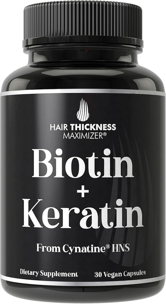 Biotin + Soluble Keratin Hair Growth Supplement - Clinically Tested Cynatine Keratin with 10000mcg Biotin Vitamins for Thicker, Healthier Hair for Women, Men