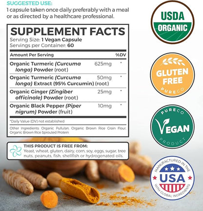 USDA Organic Turmeric Curcumin with Black Pepper and Ginger (2 Month Supply) Joint Support Supplement with Tumeric and Ginger Root Powder - Organic Turmeric Supplement - 60 Vegan Capsules (No Pills)