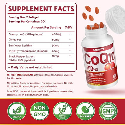 CoQ10-400mg-Softgels with PQQ, BioPerine & Omega-3, Coenzyme Q10(Ubiquinone) Supplement for High-Absorption, Powerful-Antioxidant, Support Heart & Energy-Production, 120 Servings