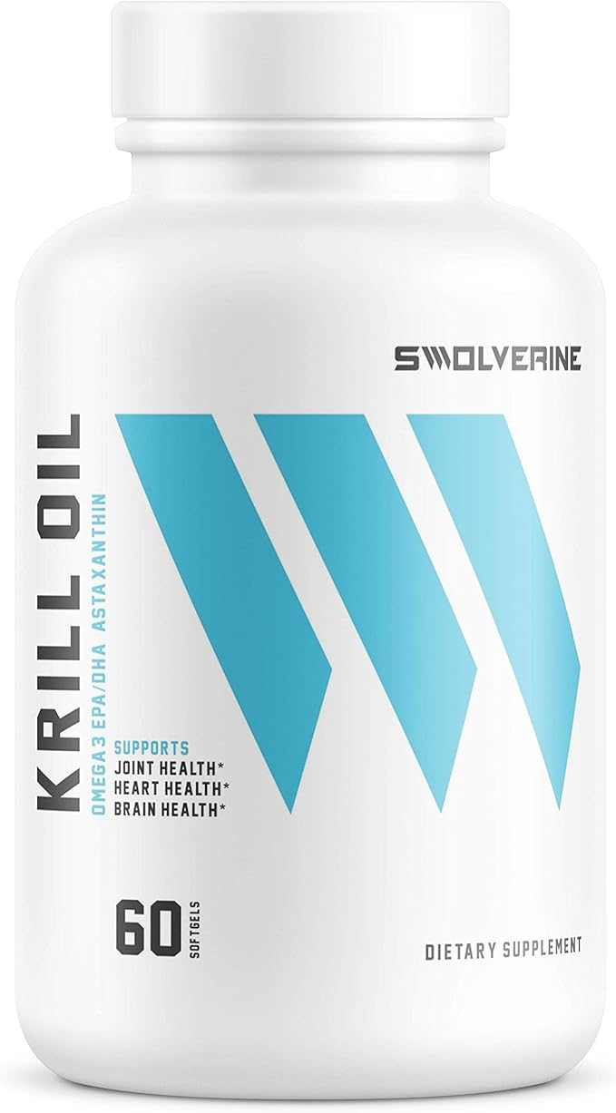 Swolverine Krill Oil | 500mg of Krill Oil & Astaxanthin, Omega-3s, EPA & DHA, Fast Absorbing, Joint Relief, Heart Health (60 Servings)
