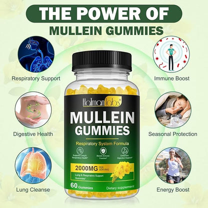 120 Count Mullein Gummies for Lungs, 2000 MG(50:1 Extract) Mullein Leaf Extract for Lung Cleanse and Respiratory Support, Natural Mullein Herbal Supplement, Pear Flavor Gummies
