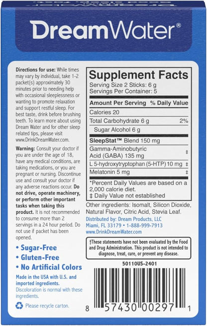 Dream Water Sleep Aid Powder; Melatonin 5mg, GABA, 5-HTP; Natural Flavors; Helps You to Fall Asleep, Fast, and Wake Refreshed; Snoozeberry, 10-Count