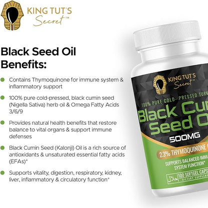 KING TUT'S SECRET Black Seed Capsules - 500 mg 100 Softgels - Nigella Sativa Extract, Black Cumin Supplement for Hair, Antioxidant Support, Immune System - Halal Black Seed Cumin Oil Capsules