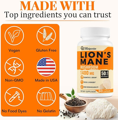 1400mg Lions Mane Supplement Capsules - 50x Strength Potency Brain Supplements for Memory and Focus | Natural Nootropics Brain Supplement for Cognitive, Clarity, Concentration & Energy - 60 Caps