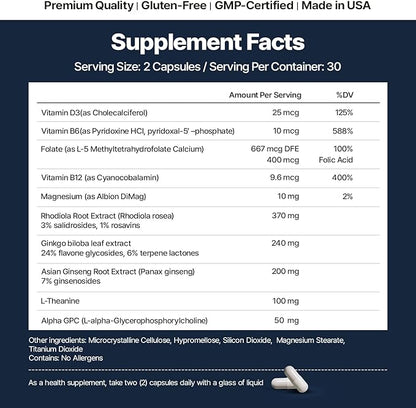 Prime Brain Supplement | Nootropic for Memory, Focus & Cognitive Support | Includes Phosphatidylserine, Alpha GPC, L-Theanine & Ginkgo Biloba | 60 Capsules