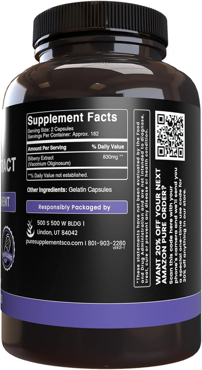 Pure Original Ingredients Bilberry Extract (365 Capsules) No Magnesium Or Rice Fillers, Always Pure, Lab Verified