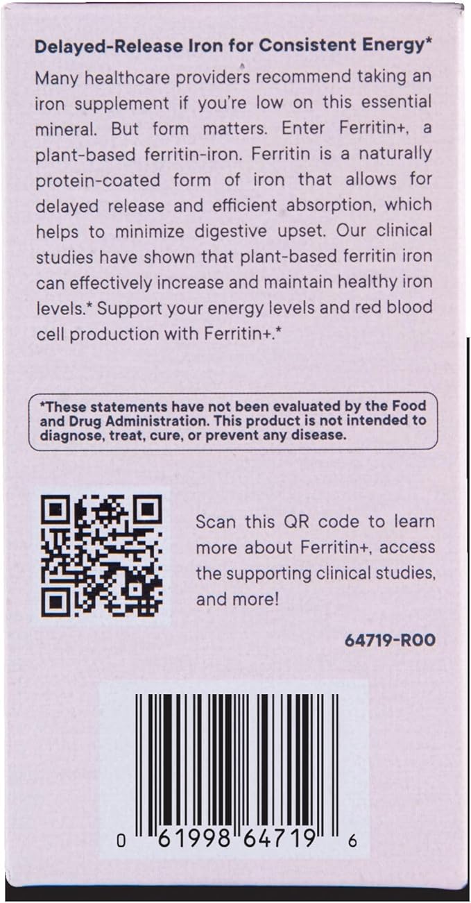 Flora Ferritin+ Delayed-Release Iron Supplement - Plant-Based Iron Supplement - Blood Cell & Energy Support - Vegan & Gluten-Free - Amber Glass Bottle - 60 Vegan Capsules