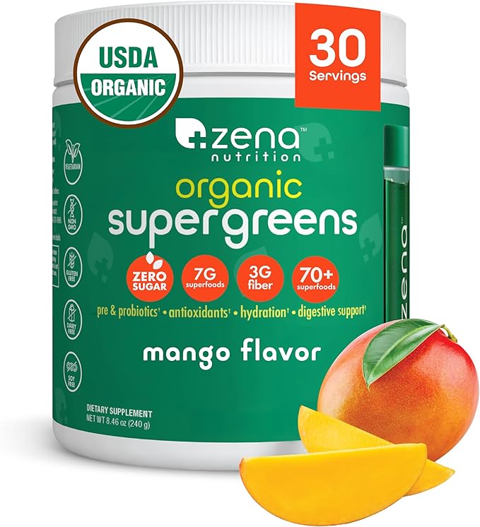 Organic Super Greens Powder, 70+ Superfoods, 0 Sugar, 3G Fiber, Spirulina, Chlorella, Antioxidants, Prebiotics/Probiotics, Digestive Enzymes, Mango, 30 Servings