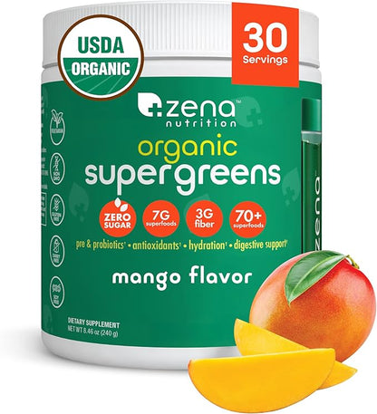 Organic Super Greens Powder, 70+ Superfoods, 0 Sugar, 3G Fiber, Spirulina, Chlorella, Antioxidants, Prebiotics/Probiotics, Digestive Enzymes, Mango, 30 Servings