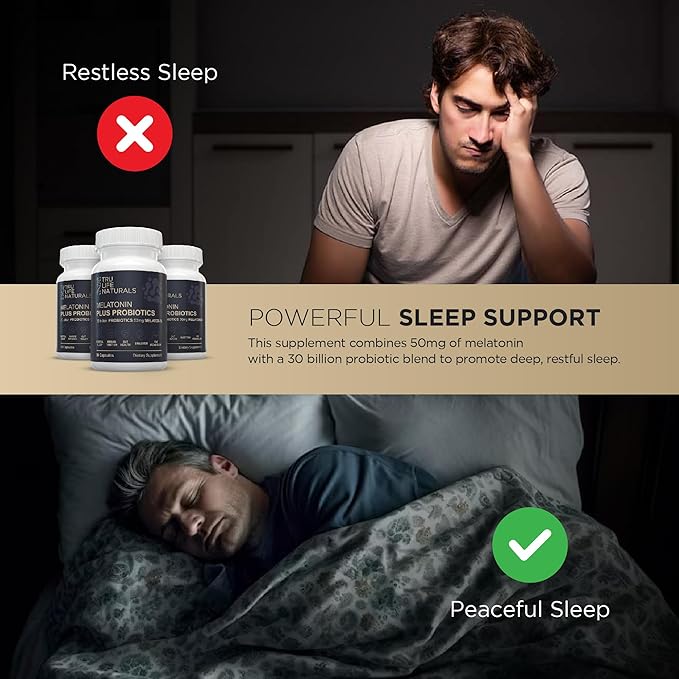 Melatonin 50mg Plus Probiotics 30 Bill CFU/Better Sleep/Night Formula/Sleep Support Supplement & Balanced Gut Health - Easy to Take | Supports Digestive & Immune System Function