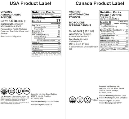 Food to Live Organic Ashwagandha Root Powder, 1.5 Pounds - Non-GMO, Finely Ground Indian Ginseng, Pure, Raw, Vegan. Easy to Mix. Adaptogenic Herb.