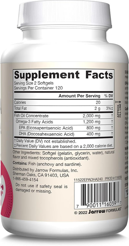 Jarrow Formulas EPA-DHA Balance, 1,200 mg Omega-3 Fatty Acids for Cardiovascular Support, 240 Softgels, 120 Day Supply