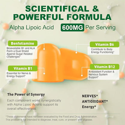Alpha Lipoic Acid Gummies - Vegan, Sugar-Free,600 mg ALA Supplement - Pure ALA Alpha Lipoic Acid 600mg with Benfotiamine for Nerve Support, Antioxidant Support - 60 Counts