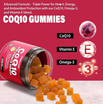 Sugar Free Coq 10 Gummies 250mg with Vitamin E, Omega-3, High Absorption Coenzyme Q10 Supplements for Heart, Energy & Antioxidant Support,Orange Flavor, Vegan, 90 chewable Gummies