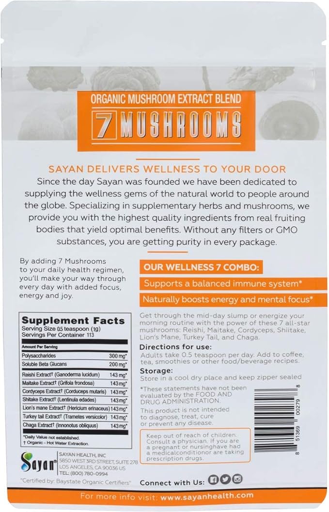 Sayan 7 Mushrooms USDA Organic Extract Powder Blend Supplement 4 oz / 113g - Chaga, Reishi, Cordyceps, Maitake, Shiitake, Lion's Mane and Turkey Tail, No Fillers, Add to Coffee or Tea, Fruiting Body