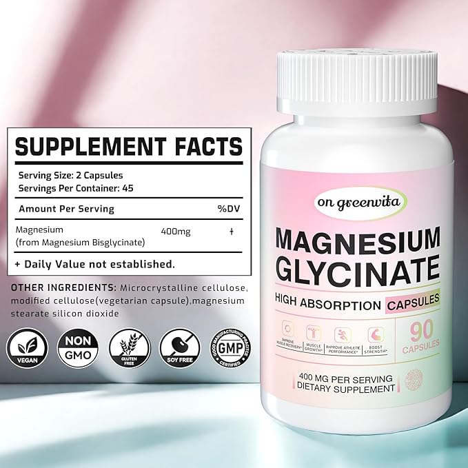 Magnesium Glycinate 400 MG per Serving 100% Chelated for High Absorption, Gentle On Stomach, Non-GMO, 90 Vegetarian Capsules