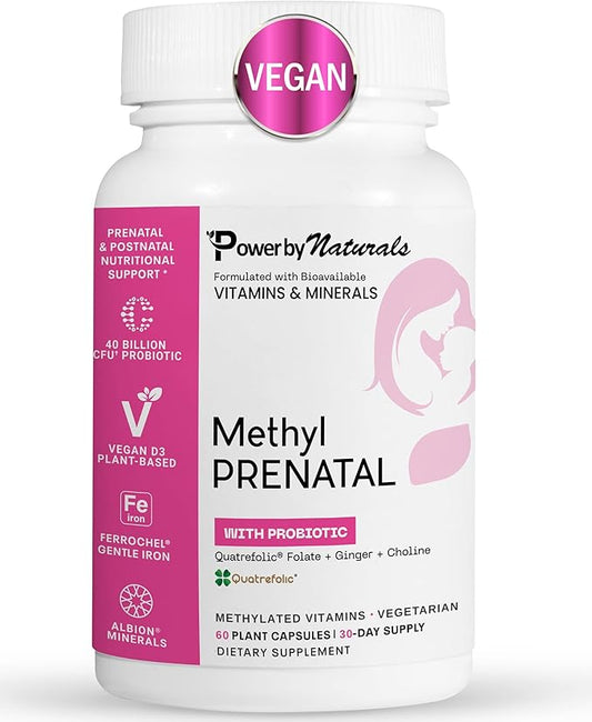 Power By Naturals Prenatal Probiotic Blend Vitamins w/Methylfolate, B12, Iron, Ginger & 27+ Essential Nutrients for Healthy Pregnancy, Prenatal Probiotics for Women, Pregnancy Probiotic, 60 Capsules