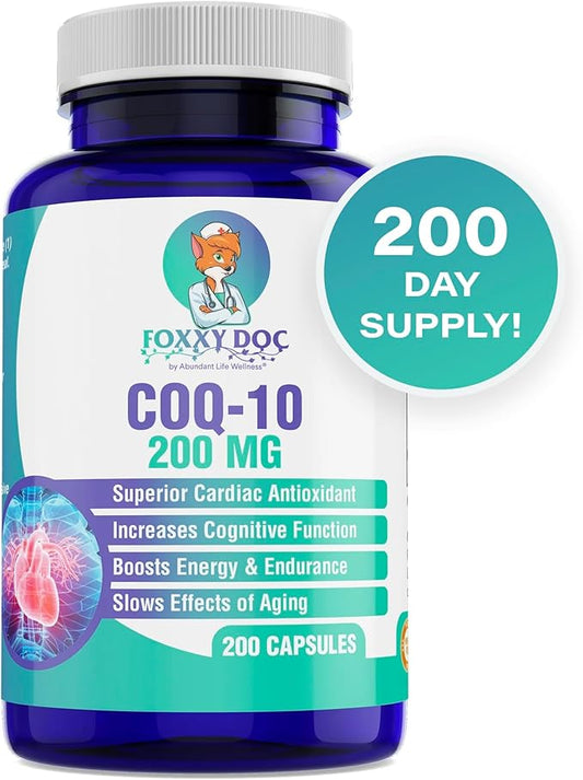 CoQ10 - Co-Enzyme Q10-200 mg - Excellent Value - 200 Caps - Quick Absorption - Veg. Caps - Non-GMO - Ubiquinone - Heart & Cellular Energy & Brain Supplement by Foxxy Doc
