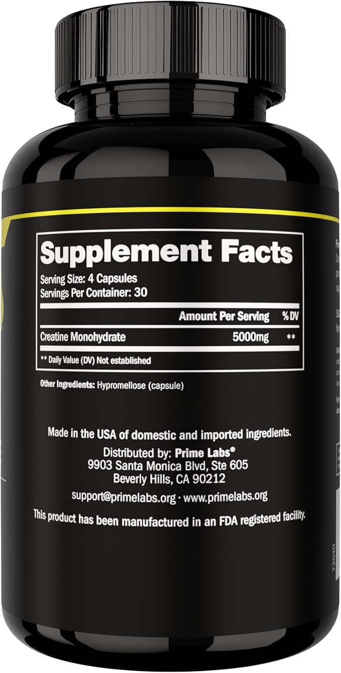 Prime Labs Creatine Monohydrate Capsules - 5g (5000mg) - Muscle Growth, Recovery, Brain Function - for Men & Women - 120 Count