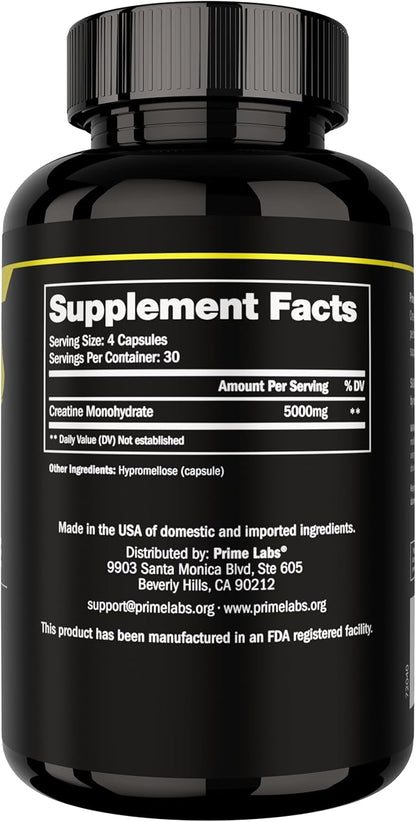 Prime Labs Creatine Monohydrate Capsules - 5g (5000mg) - Muscle Growth, Recovery, Brain Function - for Men & Women - 120 Count