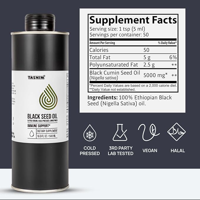 100% Ethiopian BlackSeed Oil 16.9 Fl Oz - Cold Pressed Black Seed Oil for Immune Support, High Potency 5.7% - 21% Thymoquinone Skin, Hair & Overll Health - Unrefined Black Cumin Seed Oil - Gluten Free