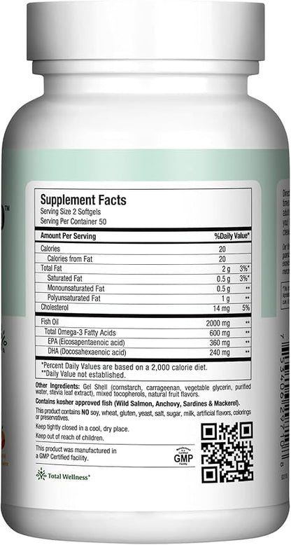 Maxi Health Fish Oil 2000mg - Omega 3 Supplement for Adults and Kids - Fruity Burst - Omega-3 Fish Oil Source of EPA/DHA Fatty Acids - Heart, Brain, Joint Health - Kosher Certified - 100 Softgels