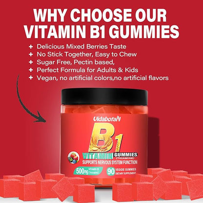 Sugar Free Vitamin B1 Gummies 500mg- Thiamine B1 Supplement for Adults & Kids- Natural Mixed Berries Flavor, Vegan, 90 chewable Gummies