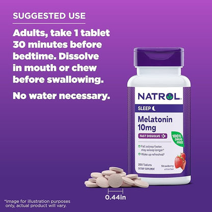 Natrol Fast Dissolve Melatonin 10 mg, Melatonin Supplements for Restful Sleep, Sleep Support for Adults, 200 Strawberry-Flavored Tablets, Up to a 200 Day Supply