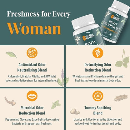 Women's Body Deodorizing Supplement – Chlorophyll Capsules for Body Odor, Fresh Breath & Gut Detox, For Workouts & Social Confidence – Vegan with Matcha Green Tea, Apple Cider Vinegar (60 Caps)