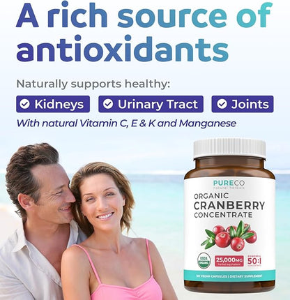 USDA Organic Cranberry Pills - 50:1 Concentrate Equals 25,000mg of Fresh Cranberries (Vegan) for Urinary Tract Health & Kidney Cleanse - Cranberry Pills for Women - UTI Support Supplement 120 Capsules