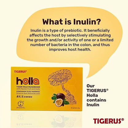 TIGERUS® Holla Tiger Milk Mushroom with Passion Fruit and Inulin - Immune Support, Digestive Health, Antioxidant Boost, Natural Wellness Supplement - 30 Sachets