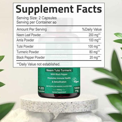 Immune Support Capsules - Immunity Support Supplement 120 Capsules Made with Organic Neem, Tulsi, Amla & Turmeric, Enhance Wellness and Immune Function.