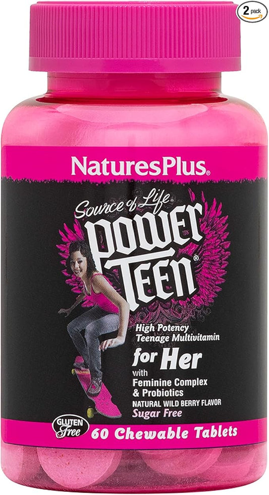 Natures Plus Source of Life Power Teen for Her, Natural Berry - 60 Chewable Tablets, Pack of 2 - High Potency Multivitamin - Sugar Free, Vegan - 60 Total Servings
