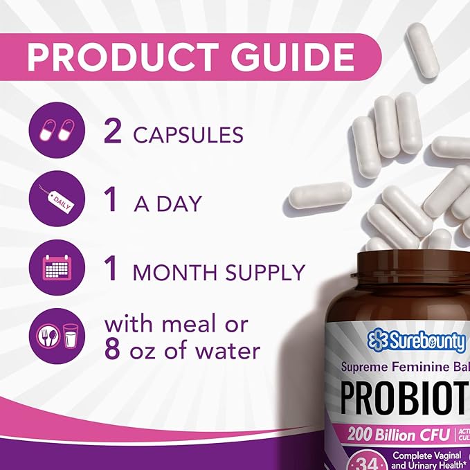 Women's Probiotic, 200 Billion CFU, Prebiotics + Digestive Enzymes + Cranberry, Complete Vaginal & Urinary Tract Health, Maintain pH & Yeast Balance, 60 Caps