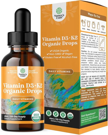 Liquid Vitamin D3 with K2 for Adults - Organic Vitamin D3 K2 Drops with 2000IU per Serving - Vegan Vitamin D3 Liquid Drops for Bone Muscle Heart & Immune Support with MCT Oil for Enhanced Absorption