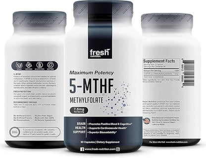 Fresh Nutrition L Methylfolate 7.5mg – DNA Verified for Maximum Potency – Superior Bioavailability – 5-MTHF Methyl Folate - 90 Capsules