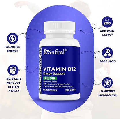 Safrel Vitamin B12 5000 mcg per Tablet, 200 Days Supply, Supplement for Energy, Metabolism and Nervous System Health Support, Vegan, Gluten Free and Dye Free | Made in USA