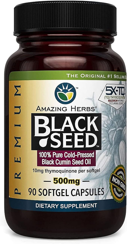 Amazing Herbs Premium Black Seed Oil Capsules - Cold Pressed Nigella Sativa Aids in Digestive Health, Immune Support, Brain Function, Gluten Free, Non GMO - 90 Count, 500mg