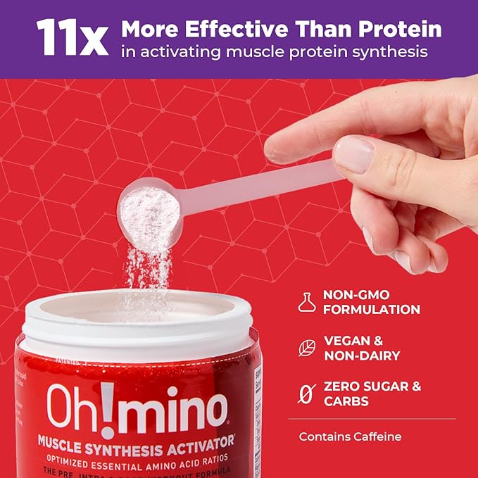 Oh!mino Amino Acids for Muscle Gain - BCAAs Amino Acids Powder Supplement for Pre & Post Workout - Caffeinated, Non Dairy, Vegan, Zero Sugar & Net Carbs - 40 Servings (Berry Blast)