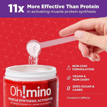 Oh!mino Amino Acids for Muscle Gain - BCAAs Amino Acids Powder Supplement for Pre & Post Workout - Caffeinated, Non Dairy, Vegan, Zero Sugar & Net Carbs - 40 Servings (Berry Blast)