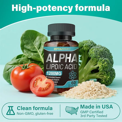 Alpha Lipoic Acid 1200mg - ALA Supplement,Promote Antioxidant for Nerve, Energy and Metabolism,with Benfotiamine, Vitamins B1/B12,60 Capsules