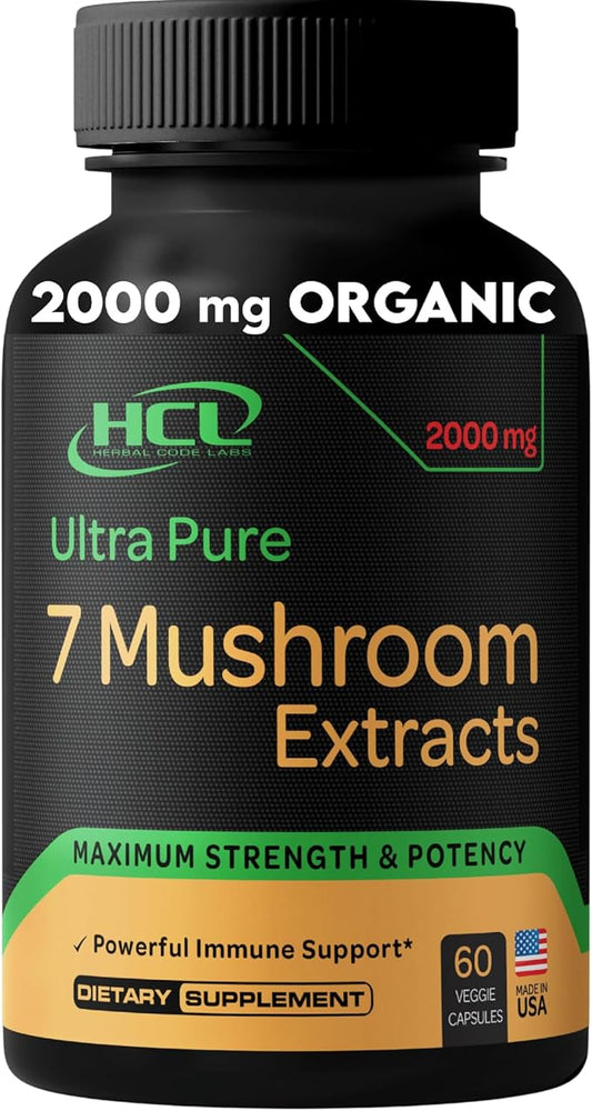 Organic Mushroom Supplement Extracts of Lions Mane Cordyceps Chaga Reishi Turkey Tail Maitake Shiitake Capsules - Natural Vitamins Minerals Antioxidants Supplement - Made in The USA