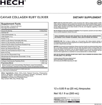 HECH Caviar Collagen Ruby Elixier - Beauty Supplement with 11,000 mg Marine and Caviar Collagen Peptides, Polyphenols and Complex of 9 bioactive Vita-Mineral Nutrients