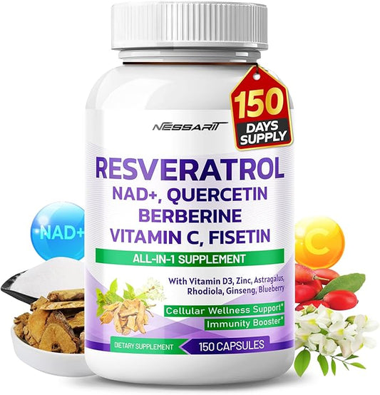 RESVERATROL Supplement - 18-in-1 Natural Blend with NAD + Milk Thistle Astragalus Rhodiola Gotu Kola Elderberry Blueberry - 150 Count - Made & Tested in The USA