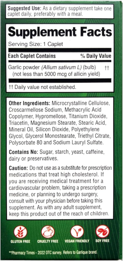 Garlique Healthy Cholesterol Formula with 5000 mcg of Allicin, 60 Enteric Coated Caplets (Pack of 2)