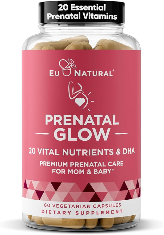 Glow Prenatal Vitamins for Women – 20-in-1 Vital Nutrients for Healthy Pregnancy and Fetal Development – Folic Acid & Vegan DHA For Baby's Growth & A Comfortable Pregnancy – 60 Nourishing Capsules