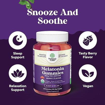 Organic Melatonin Gummies 10mg per Serving - Fast Acting Tasty Sleep Gummies for Adults Extra Strength Melatonin 10mg for Adults Enhanced Sleep Quality & Duration - Non GMO Organic & Vegan (30 Days)