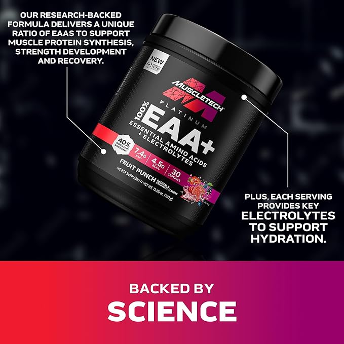 MuscleTech Platinum Essential Amino Acids Supplement with Electrolytes, Fruit Punch - Pre-Workout Powder for Energy, Muscle Growth & Strength Builder - EAA Complex for Men & Women - 30 Servings