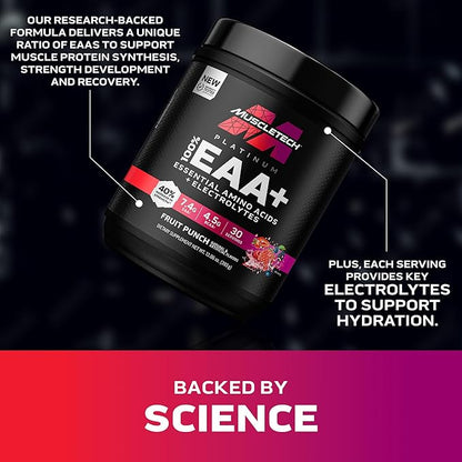 MuscleTech Platinum Essential Amino Acids Supplement with Electrolytes, Fruit Punch - Pre-Workout Powder for Energy, Muscle Growth & Strength Builder - EAA Complex for Men & Women - 30 Servings